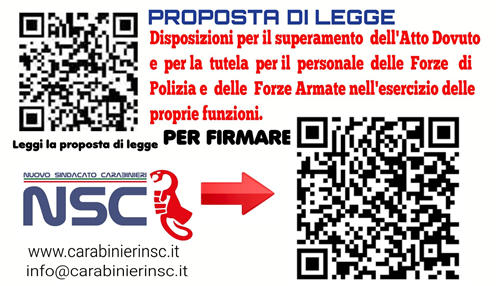 Nuovo Sindacato Carabinieri - Invito alla sinergia Istituzionale - Collaborazione per la Legge di Iniziativa Popolare: Disposizioni per il superamento dell'"Atto Dovuto" e per la tutela del personale delle Forze di Polizia e delle Forze Armate nell'esercizio delle proprie funzioni.